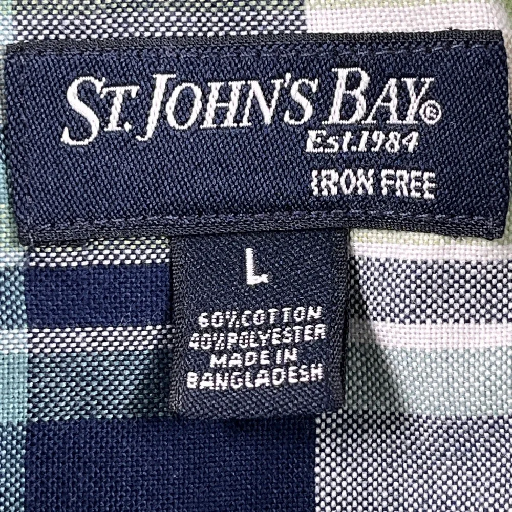 St. John's Bay Shirt Mens Large Green Blue Plaid Cotton Iron Free Button Down